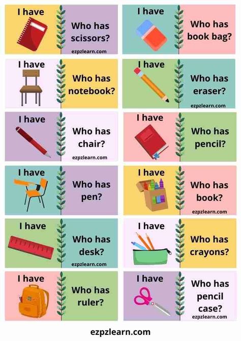 Free Printable I have Who has English Game For Kid School Classroom Kindergarten Preschool Activity English Class Games, English Games For Kids, Speaking Activities English, Classroom Objects, Classroom Kindergarten, English Teaching Materials, English Activities For Kids, English Games, Esl Lessons