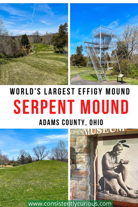 Discover the world's largest effigy mound right in Adams County, Ohio! The Great Serpent Mound is a sight to behold! These tips will help you make the most of your visit. #serpentmound #effigymound #ohio #ohiotravel Serpent Mound Ohio, Ohio Bucket List, Great Serpent, Serpent Mound, Rv Glamping, Effigy Mounds, World Of Wanderlust, Ohio Travel, Ohio History