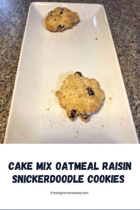 Chewy oatmeal raisin cookies made from a box of cake mix. Cake Mix Oatmeal Raisin Cookies, Vanilla Cake Mix Recipes, Instant Oatmeal Recipes, Oatmeal Raisin Bars, Soft And Chewy Oatmeal Cookies, Homecooked Recipes, Sugar Free Oatmeal, Chewy Oatmeal Cookies, Cake Mix Cookie Bars