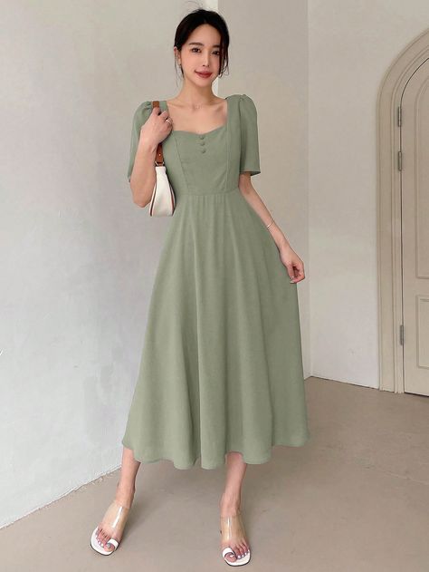 Green Casual Collar Short Sleeve Fabric Plain A Line Embellished Non-Stretch  Women Clothing Simple Frock Design, Casual Frocks, Simple Frocks, Frock For Women, Modest Dresses Casual, Plain Dress, Vestidos Vintage, Frock Design, Women Long Dresses