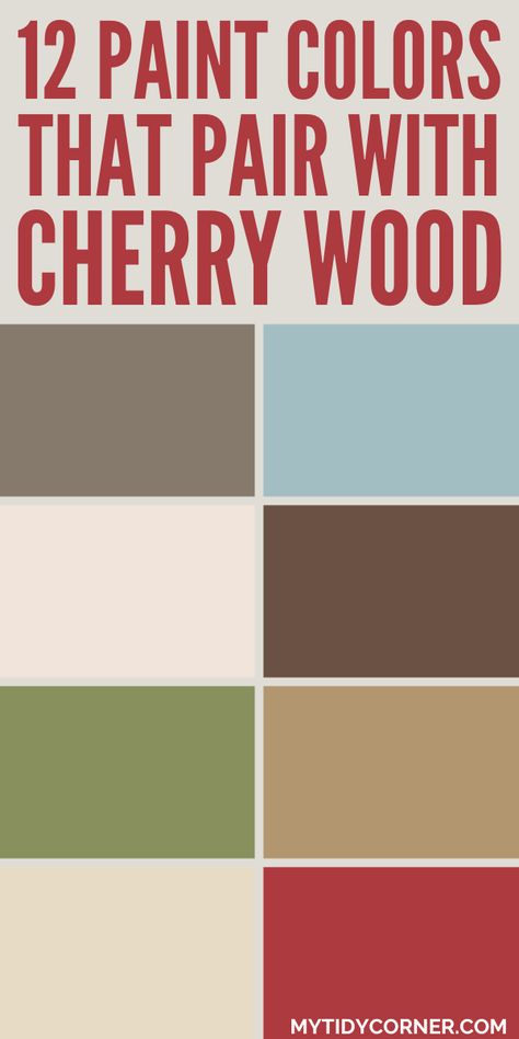 Collage of the top paint colors that go well with cherry wood cabinets, floors and furniture. Kitchen Cherry Floors, Colours That Go With Cherry Wood, Bathroom With Cherry Wood Cabinets, Flooring To Match Cherry Cabinets, Paint Colors With Red Wood Floors, Colors That Go With Cherry Wood, Paint Colors That Go With Cherry Wood, Cherry Cabinets Kitchen Wall Color, Cherry Cabinets Bathroom