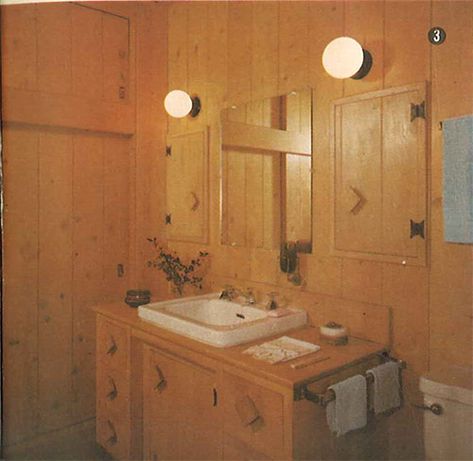 101 design ideas to decorate knotty pine - 24 page catalog from 1960 - Knotty Pine Bathroom, Knotty Pine Rooms, Pine Bathroom, Vintage Laundry Room, White Knobs, Cabin Bathroom, Mid Century Bathroom, Dome Ceiling, Cabin Bathrooms