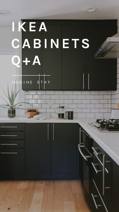 Ikea kitchen cabinets Q A with Nadine Stay | Ikea cabinet quality, durability, and ordering process. Ikea kitchen review and honest opinions. Modern black Kungsbacka Ikea cabinets. Black and white kitchen with white subway tile feature wall. Kitchen inspiration and ideas. #ikeakitchen #ikeakitchenreview #ikeacabinets #blackcabinets #blackkitchen #modernkitchen #kitchendecor #subwaytile #featurewall Kungsbacka Ikea, Kitchen With White Subway Tile, Feature Wall Kitchen, Black Ikea Kitchen, Tile Feature Wall, Trippy Quotes, Ikea Kitchen Inspiration, Quotes Yellow, Side Drawing