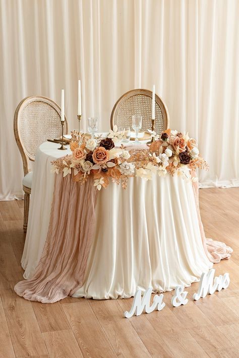 Wedding Head Table Round, Bride And Groom Table With Wooden Kog Placed On Floor, Sweatheart Table With Bride Bouquet, Bride And Groom Table With A Rustic Vib, Bride And Groom Table White And Gold, Rustic Groom And Bride Table, Champagne Theme Head Table, Half Moon Bridal Table, Which Side Of The Sweetheart Table Does The Bride Set On