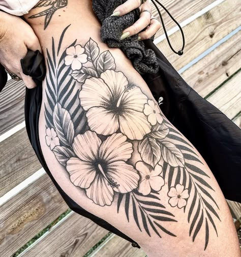 Hibiscus Mandala Tattoo Design, Tropical Thigh Tattoos Women, Sunflower And Hibiscus Tattoo, Hawaiian Leg Tattoos For Women, Beach Leg Tattoo, Tropical Flower Tattoo Sleeve, Hawaiian Leg Tattoo, Side Hip Tattoos Women, Tropical Flowers Tattoo