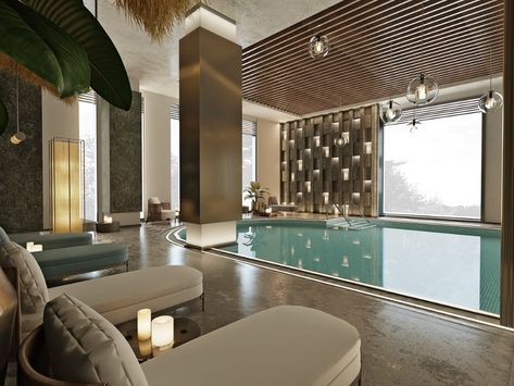 Spa Decor Ideas, Social Space Design, Elegant Pool, Pool Seating, Indoor Pool Design, Spa Interior Design, Luxury Closets Design, Spa Interior, Spa Decor