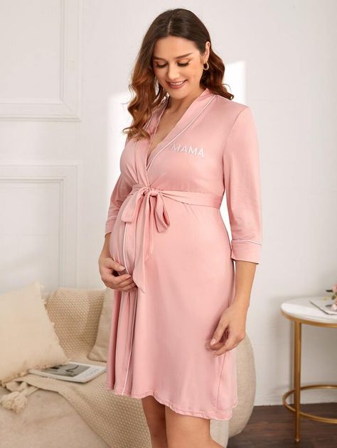 SHEIN Maternity Letter Embroidery Contrast Binding Belted Robe | SHEIN USA Light Pink Bridesmaids, Maternity Pajama Set, Shein Maternity, Maternity Pajamas, Maternity Sleepwear, Belted Robe, Maternity Blouse, Floral Robes, Maternity Gowns