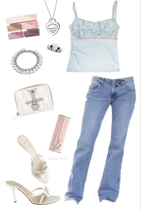 vintage top, vintgae dior bow kitten heels, pink dior lip stick case, dior 2000s wallet, brandy melville jeans, chanel eyeshadow, tiffany neclace, gucci ring, silver jewelry outfit 2000s Jeans And Heels, Silver Jewelry Outfit, 2000s Dior, High Heels 2000s, Dior Kitten Heels, Dior 2000s, Vintage Chanel Kitten Heels, Vintage Dior Kitten Heels, Dior 2000s Sunglasses