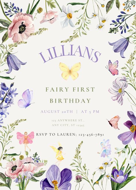 This whimsical first birthday invite features a delightful fairy theme, adorned with enchanting flowers and butterflies. Set in a girly garden backdrop, the design showcases a magical fairy surrounded by blooming flowers and fluttering butterflies, all rendered in soft, pastel hues. The garden scene is further enhanced by delicate details like twinkling fairy dust and gentle greenery, creating a dreamy atmosphere. Perfect for a charming and feminine celebration, this invite blends fairy tale wonder with a floral, garden-inspired aesthetic to set a joyful tone for a memorable first birthday party. Pastel Theme First Birthday, Fairy Inspired Birthday Party, Purple Fairy Theme Birthday Party, Enchanted Garden Birthday Theme, Flower Theme Invitations, Fairy First Bday Party, Floral Birthday Theme Ideas, Blooming Birthday Party, Fairy First Birthday Party Invitations