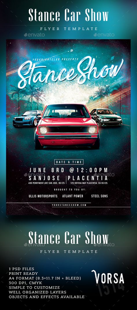 Stance Car Show Flyer. #car #CarShow #chrome #ClassicCarShow #classics #convertible #corvette #distressed #DropTop #engine #motor #MuscleCar #OldSchoolCar #racing #red #retro #stance #StanceFever #StanceNation #StanceShow #stanceworks #StockCar #UltimateStance #vintage #VintageCar #VwGolf #wheels Car Event Design, Car Event Poster, Car Flyer Design, Car Show Flyer, Jeep Poster, Flyer Car, Show Flyer, Design Cars, Seni Pop