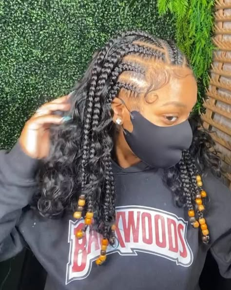 Half Sewin Half Braids, Cornrows With Curls In Back, Feed In Braids With Curly Hair, Braids With Curly Hair In The Back, Cornrows In The Front Box Braids In Back, Braided In The Front Curly In The Back, Half Feed In Braids Half Sew In Curly, Braids In Front Weave In Back, Half Braids Half Crochet Hairstyles