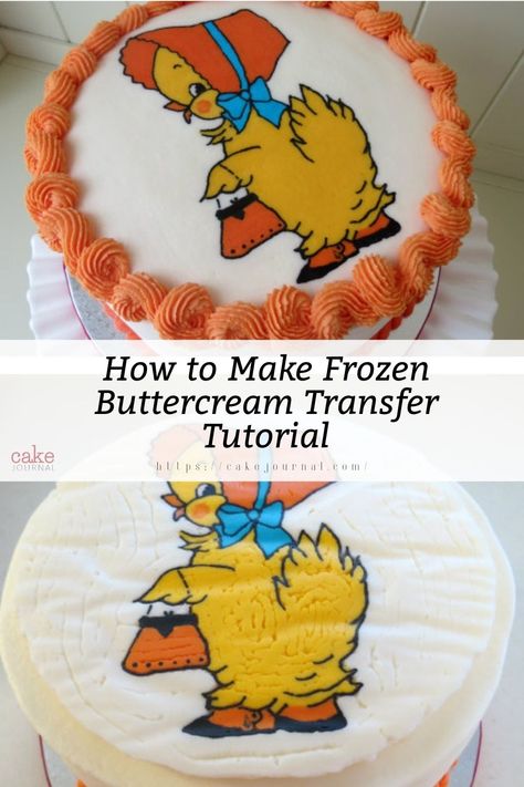 A cute duck design buttercream with orange icing designs Buttercream Cake Transfer, Butter Cream Transfer, Buttercream Transfer Cake, Frozen Buttercream Cake, Buttercream Transfer Tutorial, Frozen Birthday Cake Ideas, Lps Cakes, Frozen Buttercream Transfer, Buttercream Transfer