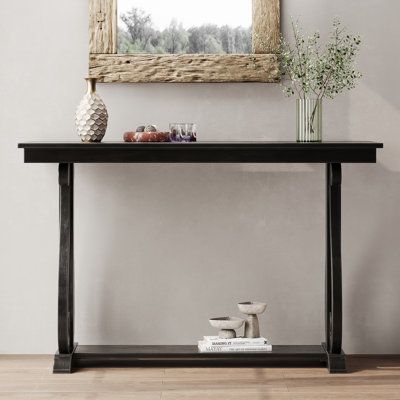 This console table features beautifully curved legs crafted from high-quality rubber wood LVL, adding a touch of sophistication and classic charm to any room. The intricate design of the legs provides a timeless elegance that complements a variety of interior styles, making it a perfect addition to both traditional and contemporary settings. The open shelf design provides ample storage space for miscellaneous items such as books, magazines, or decorative pieces. This feature makes the console table not only a decorative centerpiece but also a practical addition to any room, helping to keep your space organized and clutter-free. YOPENG Colour: Black | YOPENG TREXM 48-Inch Rustic Vintage Console Table - Farmhouse Style Entryway Table w/ Open Shelf & Sturdy Construction For Entryway & Living Style Entryway Table, Farmhouse Style Entryway, Style Entryway, Farmhouse Entryway Table, Vintage Console Table, Vintage Console, Farmhouse Console Table, Black Console Table, Black Console