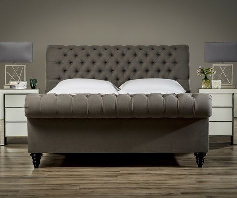 Stanhope Studded Chesterfield Bed | Upholstered Beds From SUENO Chesterfield Bed, Sleigh Bed Frame, Winged Headboard, Sleigh Bed, Sleigh Beds, Velvet Bed, Ottoman Bed, Upholstered Bed Frame, Comfort Mattress