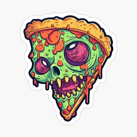 Get my art printed on awesome products. Support me at Redbubble #RBandME: https://www.redbubble.com/i/sticker/Zombie-Pizza-Slice-A-Spooky-Twist-on-a-Cheesy-Classic-by-lastgirlscout/147014875.EJUG5?asc=u Zombie Stickers, Salamanders 40k, Zombie Brain, Call Of Duty Zombies, Rugs Design, Food Truck Ideas, Zombie Art, Coloring Inspiration, Pizza Slice