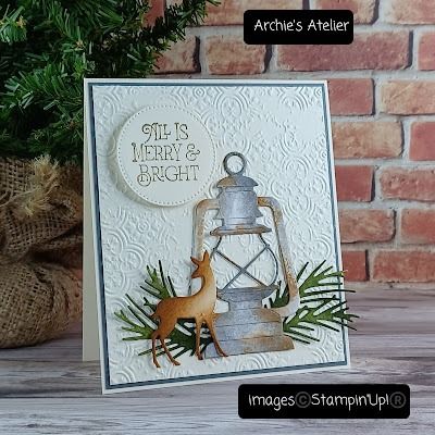 Archie's Atelier Distressed Tile, Stylish Shapes Dies, Lighting The Way, Up Lighting, Lantern Christmas, Stampin Up Christmas Cards, Wink Of Stella, Christmas Card Crafts, Be Merry