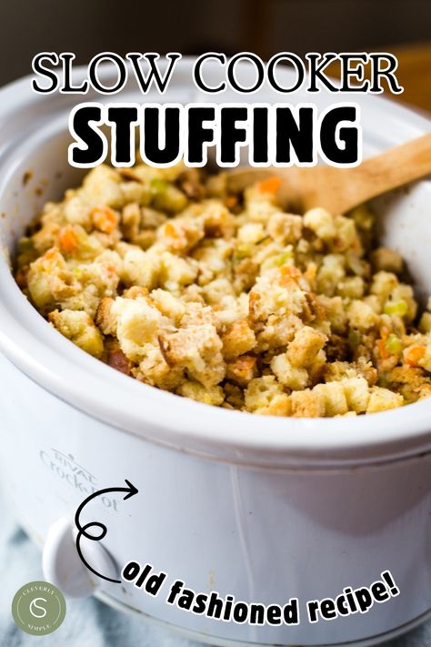 stuffing in slow cooker with wooden spoon Slow Cooker Stuffing Thanksgiving, Cheesy Hashbrown Casserole Easy, Crockpot Stuffing Thanksgiving, Slow Cooker Stuffing, Stuffing Recipes Crockpot, Crockpot Stuffing, Hashbrown Casserole Easy, Easy Stuffing Recipe, Stuffing Thanksgiving