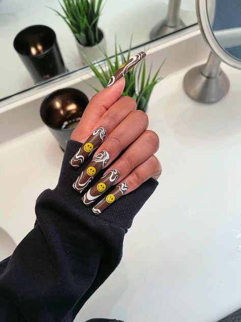 Brown Nails Smiley Face, Smiley Nails, Swirly Lines, 2023 Nails, Nail Idea, Smiley Faces, Acrylic Designs, Brown Nails, Fire Nails