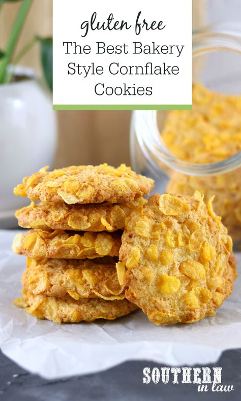 The Best Gluten Free Cornflake Cookies Recipe - These bakery style cornflake cookies are seriously easy to make, with soft fluffy centres and crisp chewy edges. A classic, old fashioned cookie recipe that will become your new family favourite. Add raisins, sultanas, chocolate chips or enjoy them as is! Easy Cornflake Biscuits Recipe Cornflake Recipes, Cornflake Cookies Recipe, Cornflake Cookies, Keto Cookie Recipes, Gluten Free Biscuits, Gluten Free Cookie Recipes, Best Gluten Free, Gluten Free Bakery, Chocolate Chip Cookie Bars