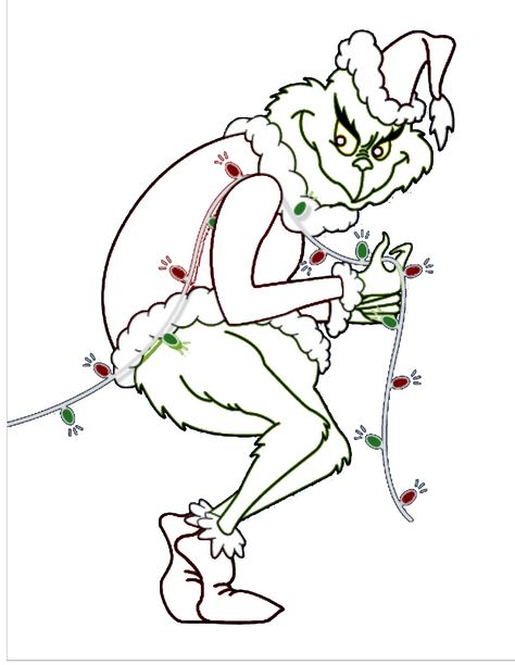 Grinch outline Christmas Lights Template, Grinch Stealing Christmas Lights, Grinch Stealing Lights, Tree Drawings, Whoville Christmas, Grinch Christmas Tree, Hanging Christmas Lights, Grinch Party, Grinch Christmas Decorations