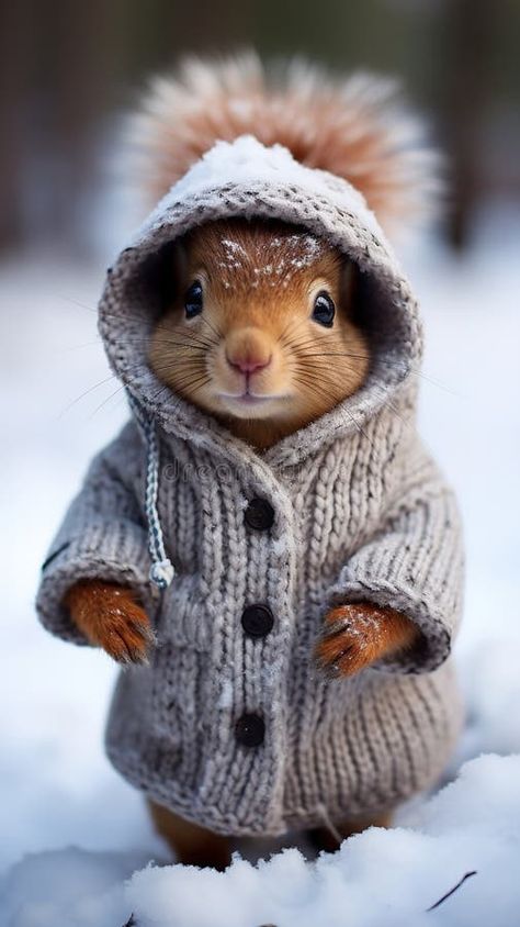 Cute red fluffy squirrel in a knitted hat and scarf on a winter background royalty free stock photography Squirrel Wearing Clothes, Funny Squirrel Pics, Squirrel Pictures Funny, Cute Funny Animals Photos, Red Squirrel Illustration, Animals In Hats, Sleeping Squirrel, Squirrel Photography, Squirrel Humor