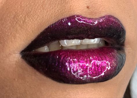 Glossy lips, lipstick, black and pink lips , metallic pink  , makeup, gloss , Black And Pink Lips, Pink And Black Lipstick, Pink And Black Lip Combo, Pink Vampire Makeup, Pink Emo, Pink Lips Makeup, Lip Combos, Vampire Lips, Vampire Makeup