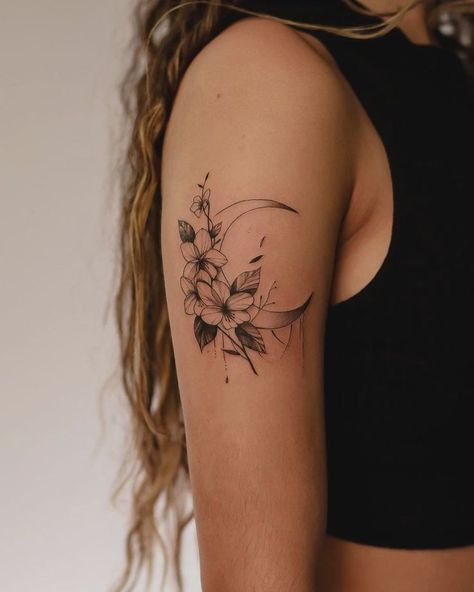 #tattoo, #tattoos, #inked, #tattooart, #tattooedwomen, #tattooedguys, #tattooinspiration, #tattooideas, #tattooworldwide, #tattoosociety, #InkLaughs, and #TattooFails​ Cowgirl Tattoos, Flower Tattoo Drawings, More Feminine, Moon Tattoo Designs, Upper Arm Tattoos, Best Tattoos For Women, Парные Тату, Rosen Tattoo, Pretty Tattoos For Women