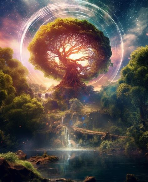 Great Tree Fantasy Art, Tree Grove Landscape, Giant Tree Art, Magical Tree Concept Art, Magical Tree Art, World Tree Fantasy Art, Tree Fantasy Art, Sakura Bonsai, Spiritual Tree