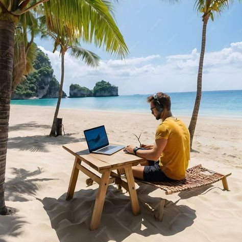 Premium AI Image | A digital nomad sitting on a picturesque beach with a laptop in hand working away The warm sand is Digital Nomad, Laptop, Quick Saves