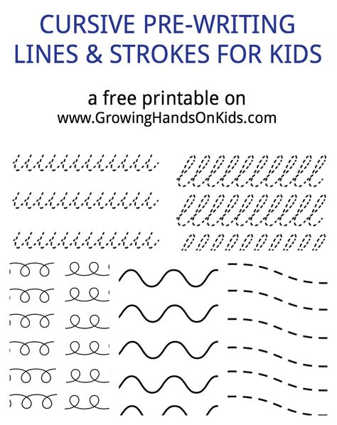 Do you have a child who is learning cursive handwriting? Get this 13 page FREE cursive pre-writing lines and strokes for kids printable packet  when you su Writing Strokes, Handwriting Help, Teaching Cursive Writing, Cursive Writing Practice Sheets, Cursive Worksheets, Cursive Handwriting Worksheets, Teaching Handwriting, Teaching Cursive, Learning Cursive