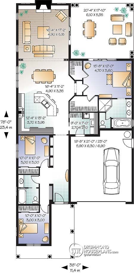 Covered Terrace, Holiday Houses, Florida House Plans, Narrow House Plans, Drummond House Plans, Narrow Lot House, Unique House Plans, Entry Kitchen, Mediterranean House Plan