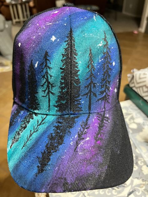 Painted Ball Cap, Painted Baseball Cap, Painted Apparel, Painted Cowboy Hats, Imperfect Art, Hat Painting, Folk Painting, Painted Clothing, Painted Hats