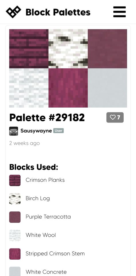 Purple Minecraft Palette, Birch Block Pallet Minecraft, Minecraft Block Combos, Minecraft Dungeon Build, Minecraft Colour Palette, Minecraft Color Palette, Minecraft Palettes, Minecraft Palette, Minecraft Block Palette