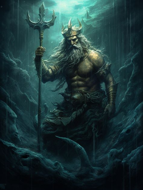 Poseidon Fanart, Guardian Angel Tattoo Designs, Gothic Painting, Fantasy Romance Art, Zeus God, Greek Titans, Poseidon Tattoo, Water God, Greek Mythology Tattoos