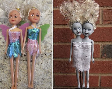 dollar store dolls to zombie dolls for Halloween decorations (DIY tutorials) Diy Zombie Dolls, Strašidelný Halloween, Cheap Diy Halloween, Cheap Halloween Diy, Diy Halloween Dekoration, Halloween Decorations Diy, Cheap Diy Halloween Decorations, Creepy Carnival, Twin Dolls