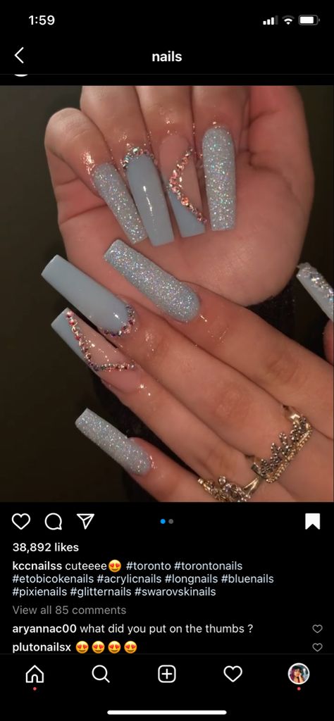 Gray Nail Ideas Acrylic, Acrylic Nails Blue, Sliver Nails, Silver Acrylic Nails, Ballerina Acrylic Nails, Matte Acrylic Nails, Grey Acrylic Nails, Blue And Silver Nails, Quinceanera Nails