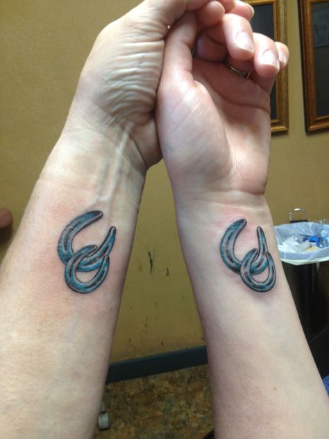 Matching horse shoe tattoos Matching Horseshoe Tattoo, Western Matching Tattoos Couples, Matching Horse Tattoos, Horse Shoe Tattoos, Western Couple Tattoos, Western Matching Tattoos, Equine Tattoo, Matching Cousin Tattoos, Shoe Tattoo