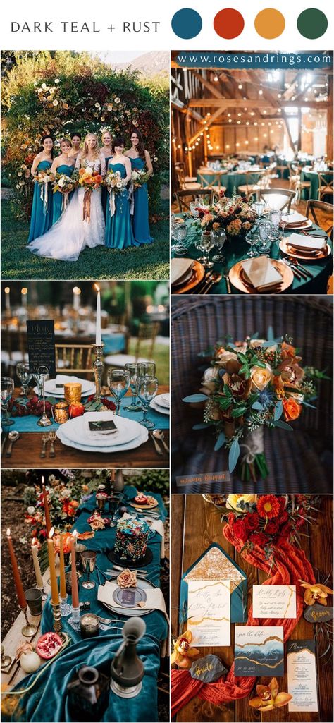 Future fall brides, this one’s for you! Looking for a way to bring the colors of the season alive on your wedding day without screaming “FALL WEDDING”? How about a dark teal color? It’s moody, a little edgy, and reminds me of rich jewel tones. When you pair it with burnt orange, it’s absolutely perfect […] Rust Fall Wedding, Teal Fall Wedding, Burlap Wedding Arch, Dark Teal Weddings, Teal And Rust, Fall Wedding Color Ideas, Lantern Centerpiece Wedding, Pallet Wedding, Wedding Color Ideas