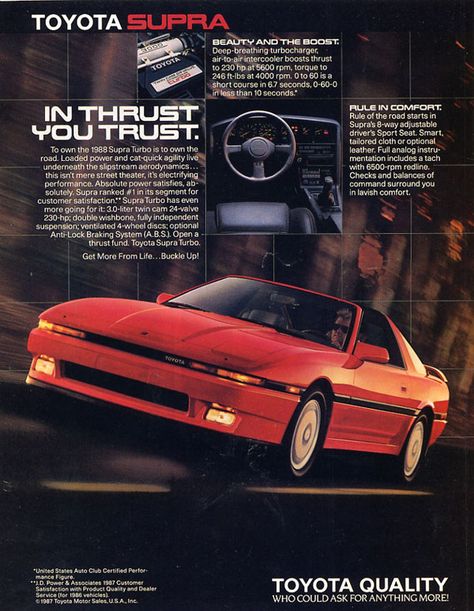 Throwback Friday: Advertising the '89 Toyota Supra 1987 Toyota Supra, Mk3 Supra, Toyota Supra Mk3, Toyota Supra Turbo, Toyota Gt86, Toyota Venza, Car Brochure, Toyota 4x4, Toyota Logo