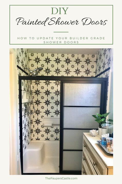 Learn how I updated my 30 year old shower doors with paint and wood trim to look brand new again. Diy Shower Door, Shower Makeover, Shower Inserts, Painting Shower, Fiberglass Shower, Farmhouse Tile, Builder Grade, Tub Surround, Diy Shower