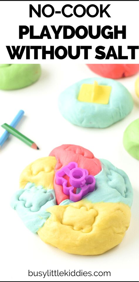 Fun Playdough Recipes, No Salt Playdough, No Salt Play Dough Recipe, Two Ingredient Playdough, Homemade Playdough To Sell, Salt Dough Playdough, Baking Soda Playdough Recipe, Homade Play Dough, Easy No Bake Playdough Recipe