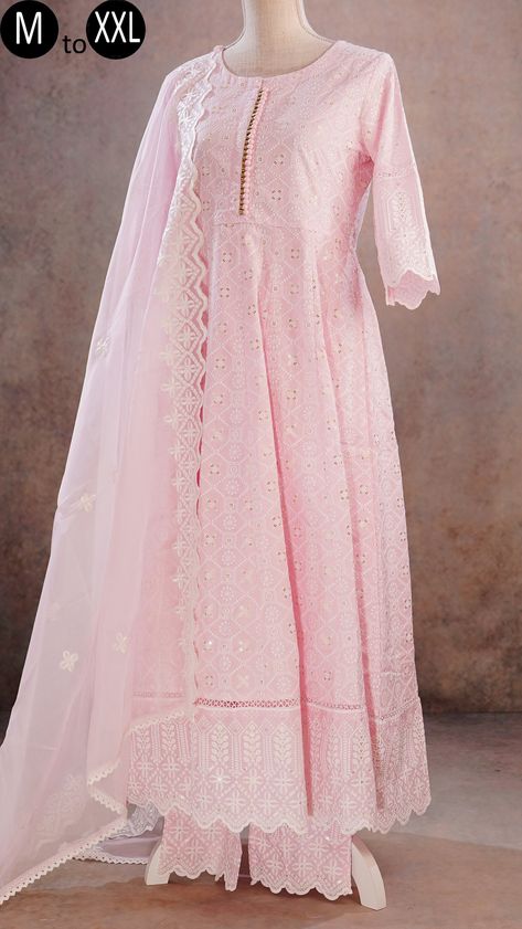 Light Pink Anarkali Suits, Chickenkari Kurti Designs Latest, Anarkali Kurti Design, Kurti Anarkali, Pink Anarkali Suits, Cotton Suit Designs, Pink Kurti, Suits Outfits, Pink Anarkali