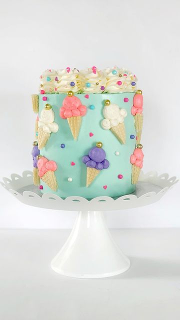 Tara Wilkinson || Lovlie Cakes on Instagram: "I scream, you scream.. we all scream for ice cream! Gosh I love this cake style! 🍦 It has me craving summer something fierce. I am level 10 over the snow already. #cake #cakedecorating #cakevideo #icecreamcake #kidscake #cakeideas #cakedesign #cakesofinstagram #cakeboss #cakeboss" Ice Cream Inspired Cake, Ice Cream Shaped Cake, Cake With Ice Cream Decoration, Ice Cream Cake Designs Birthday Parties, Ice Cream Birthday Cake Design, Ice Cream Cake Designs Ideas, Ice Cream Decorated Cake, Candy And Ice Cream Birthday Cake, I’ve Cream Cake Ideas