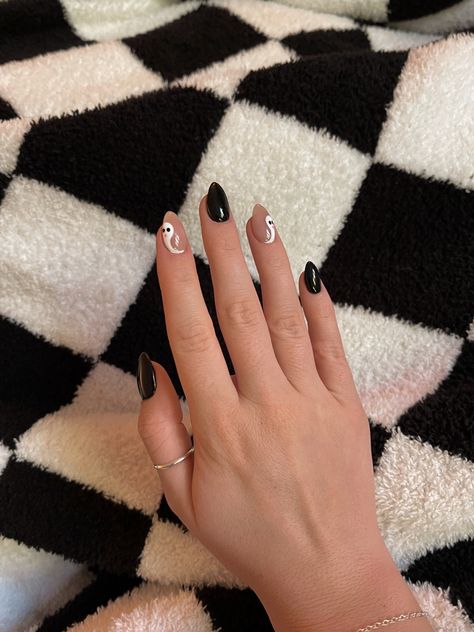 Neutral Ghost Nails, Ghost Nails Almond, Black With Ghost Nails, Black And White Ghost Nails, Black French Tip Ghost Nails, Ghost Nails Black, Black French Tip Nails With Ghost, Black Nails With Ghost, Black Ghost Nails