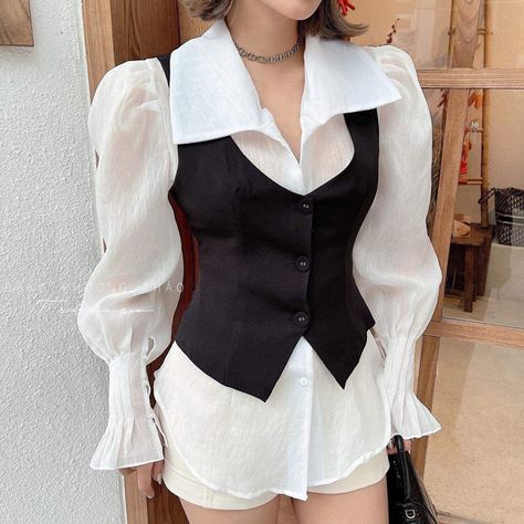 Shirts With Vests Women, Black Waistcoat Outfit Women, Waistcoat Outfit Women, Suit Vest Women, Waistcoat Outfit, Vest Outfits For Women, Homecoming Outfit, Frill Shirt, Waistcoat Woman