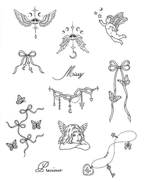 Tattoo Ideas White Background, White Chicks Tattoo, Angelcore Tattoo Ideas, Tattoo Ideas Coquette, Cherub Line Tattoo, Tattoos White Background, Croquette Tattoo, Cherub Angel Tattoo Outline, Girly Tattoos Unique