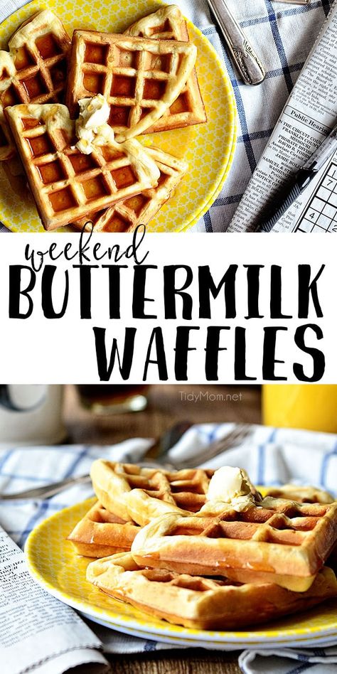 Weekend Buttermilk Waffles. Perfectly crispy on the outside and fluffy on the inside. Enjoy these waffles any day of the week! Get the full recipe at TidyMom.net #waffles #breakfast #recipe Waffles Buttermilk, Buttermilk Waffle Recipe, Classic Waffles, Waffles From Scratch, Buttermilk Waffle, Buttermilk Waffles Recipe, Waffle Batter, Waffle Iron Recipes, Buttermilk Waffles