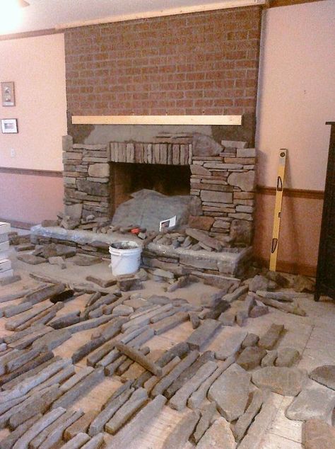 Lord please let me have enough stone! This dry-stack is making me think too hard :/ Fireplace Modern Design, Stone Veneer Fireplace, Small Basement Remodeling, Fireplace Redo, Manufactured Stone Veneer, Fireplace Update, Brick Fireplace Makeover, Rustic Fireplaces, Brick Veneer