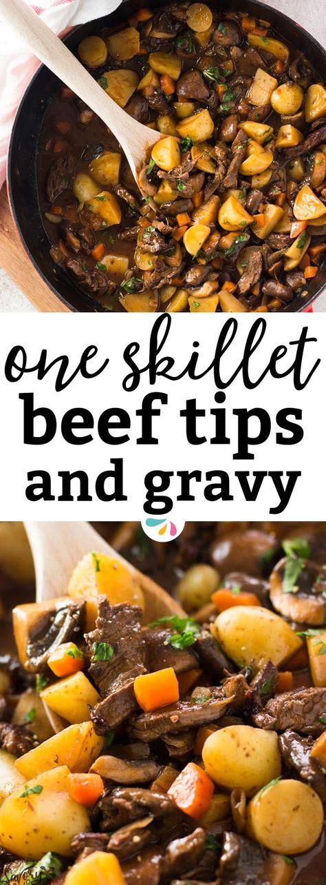 An easy One Skillet Beef Tips and Gravy recipe, completely made on the stovetop. Quick and easy to put together, this family dinner is on the table in just 45 minutes - most of it is hands-off! The dish is filled with tender beef tips as well as potatoes and vegetables (yay for mushrooms!) for a healthy all-in-one meal option. The rich gravy forms itself right in the pan - the absolute easy weeknight win! Beef Stew Meat Recipes Stovetop, Beef Stew Meat Recipes Stovetop Quick, Stew Meat Recipes Quick, Skillet Beef Stew, Easy Beef Tips, Beef Tips And Gravy Recipe, Tender Beef Tips, Df Meals, Beef Tips Recipe