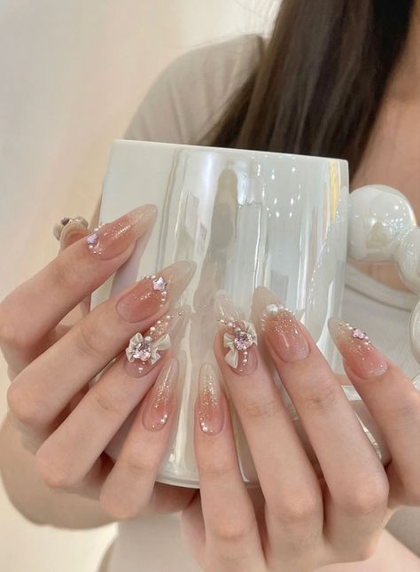 Pink Gel Nails, Asian Nails, Blush Nails, Pretty Gel Nails, Really Cute Nails, Japanese Nails, Nail Swag, Gem Nails, Pink Acrylic Nails